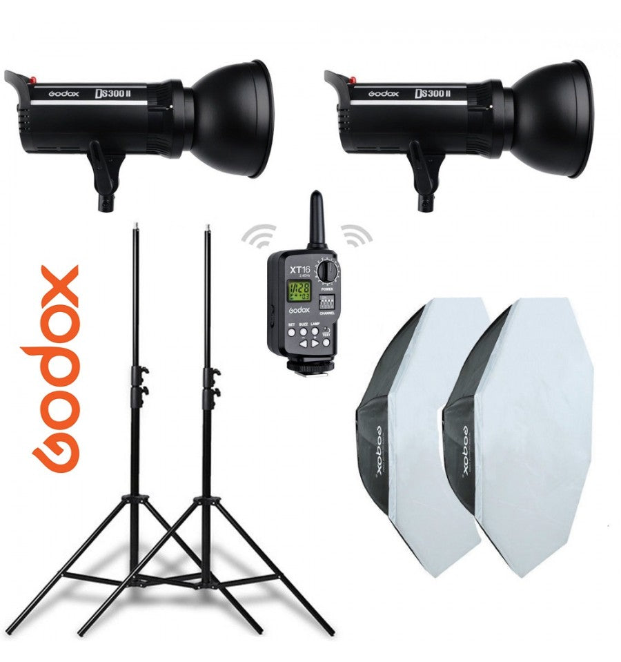 Kit 2 flashes Godox DS300II con receptor interno, octas, pies y transmisor XT16